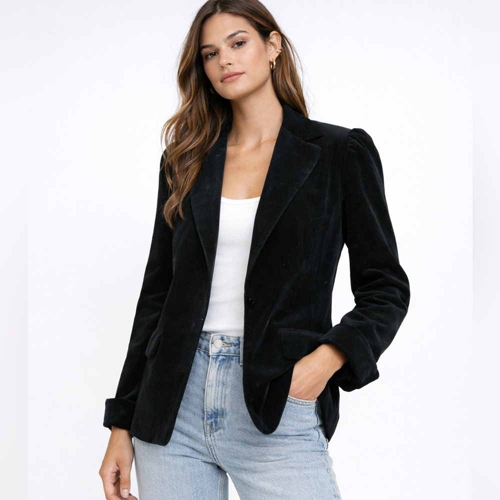 Lillie Rubin Black Velvet Blazer Size 8 Puff Shoulder Tuxedo Lapel Vintage Glam